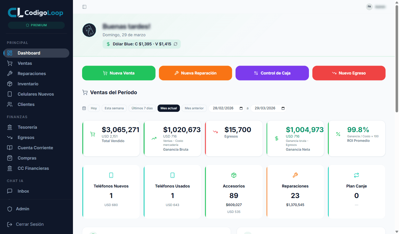 Módulo de Dashboard en SistemaLoop — sistema de gestión para celulares